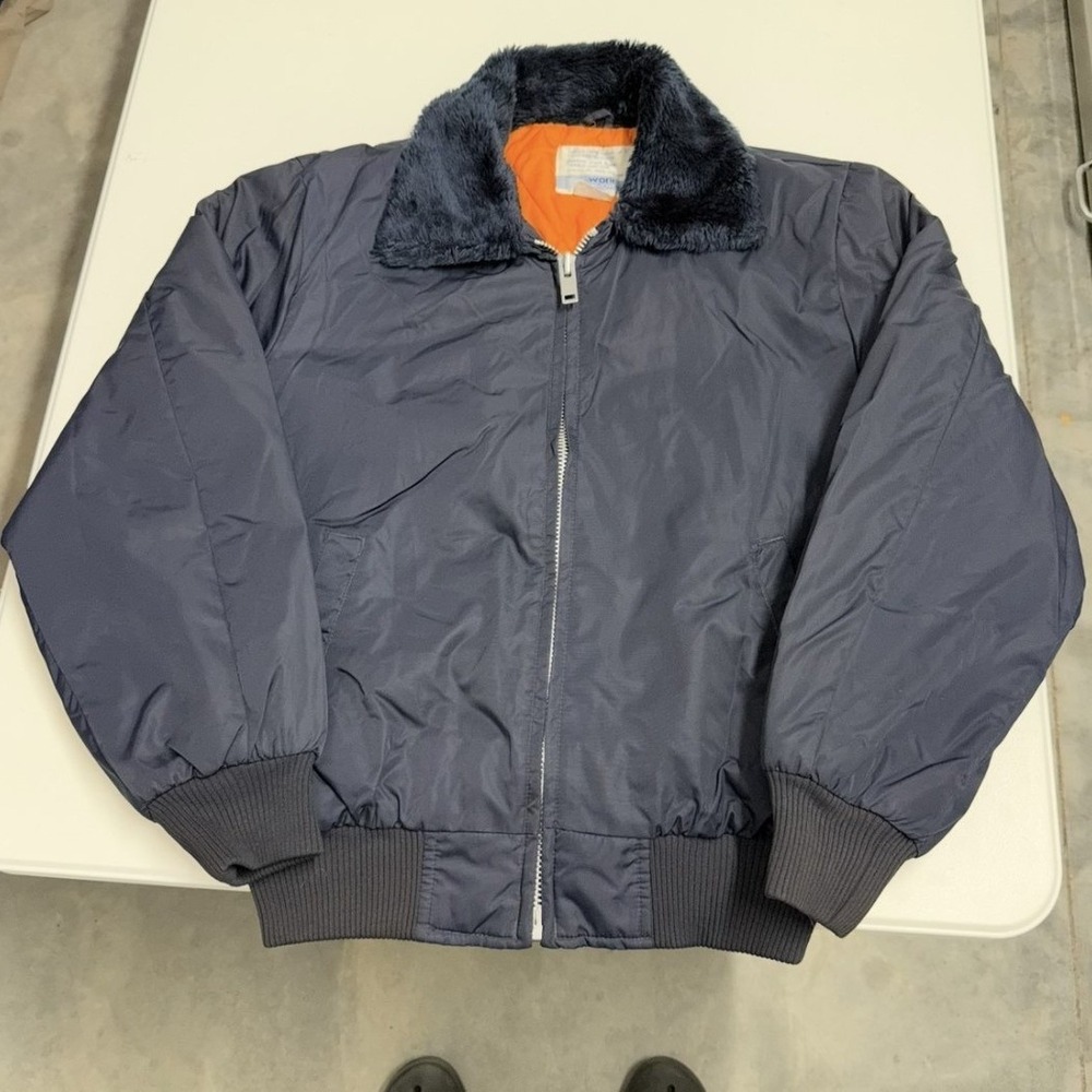 Vintage Sears Work Leisure Navy Blue Bomber Jacket Orange Lining Faux Fur Collar